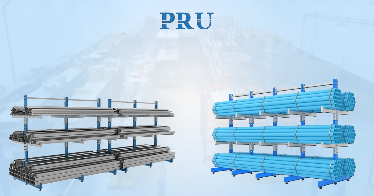 Two industrial cantilever racking systems: a silver one holding rectangular metal profiles and blue one storing cylindrical pipes