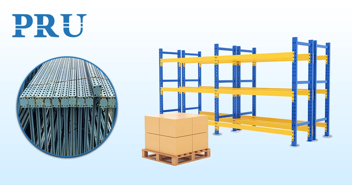 A banner featuring a close-up circle image of metal decking and a full view of a blue and yellow pallet rack with a box on a pallet.
