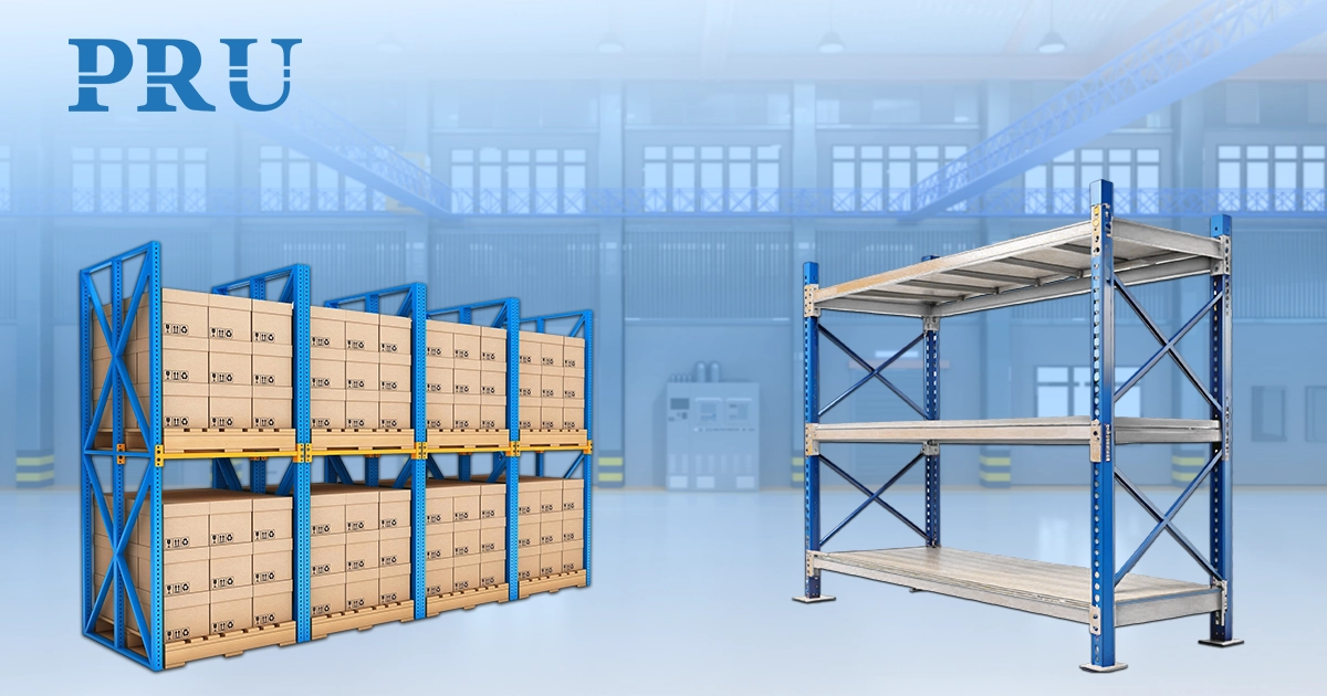Warehouse racking showing heavy-duty pallet storage and a two-shelf metal shelving unit on the right.