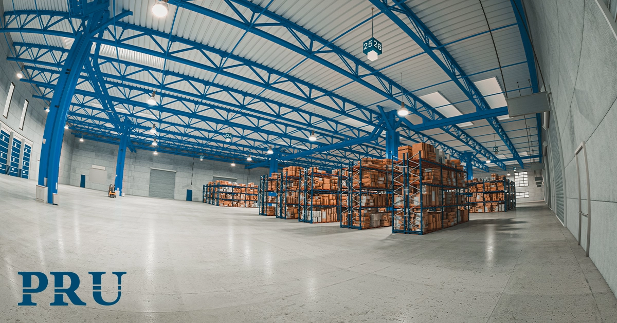 Shot of blue and grey metal beam structure, a component of warehouse racking or shelving.
