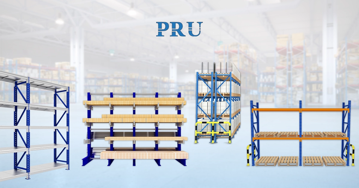 Selection of industrial warehouse racks including standard shelving, cantilever for lumber, and heavy-duty pallet racking systems.