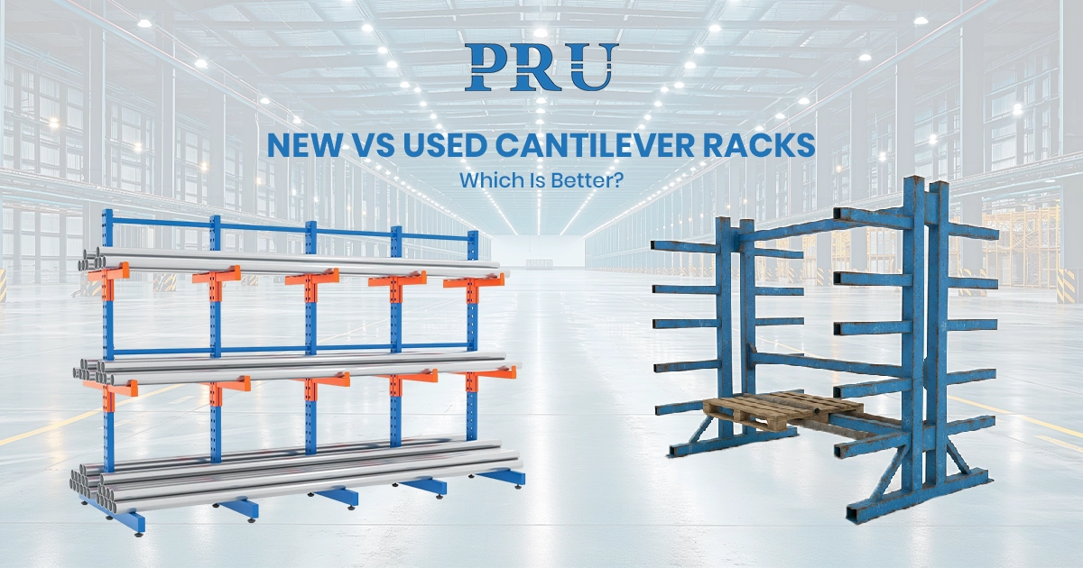 New vs. used cantilever racks banner comparing a clean, modern rack with pipes and an older, worn rack with a pallet in a warehouse setting.