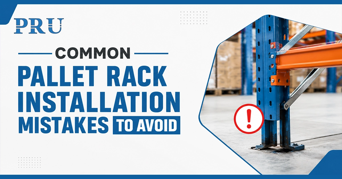 Warning sign for warehouse managers about common pallet rack installation errors, showing a pallet rack base plate with an alert icon.