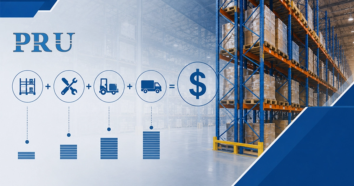 Infographic illustrating the pallet racking installation cost with icons for warehouse shelving, tools, forklifts, delivery, and a dollar sign over a warehouse background.
