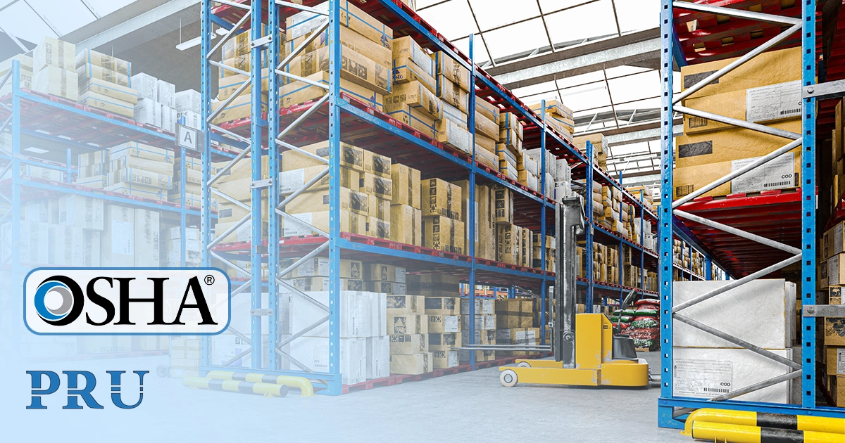 Modern warehouse storage facility featuring organized pallet racks, pallet jacks, and OSHA safety compliance branding by pallet rack unlimited.