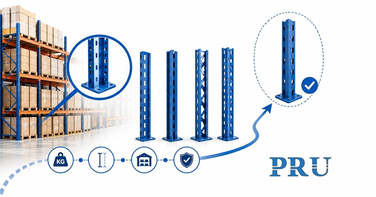 Close-up breakdown of blue steel pallet rack upright columns showcasing base plate stability and warehouse integration.