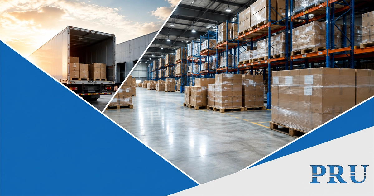 Professional warehouse moving company services showing semi-truck loading dock alongside tall storage racks and wrapped pallets
