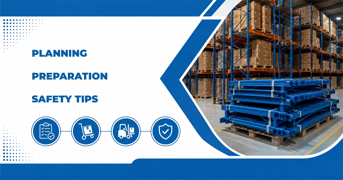 Graphic by a warehouse moving company detailing planning, preparation, and safety tips alongside stacked blue steel shelving and warehouse storage racks
