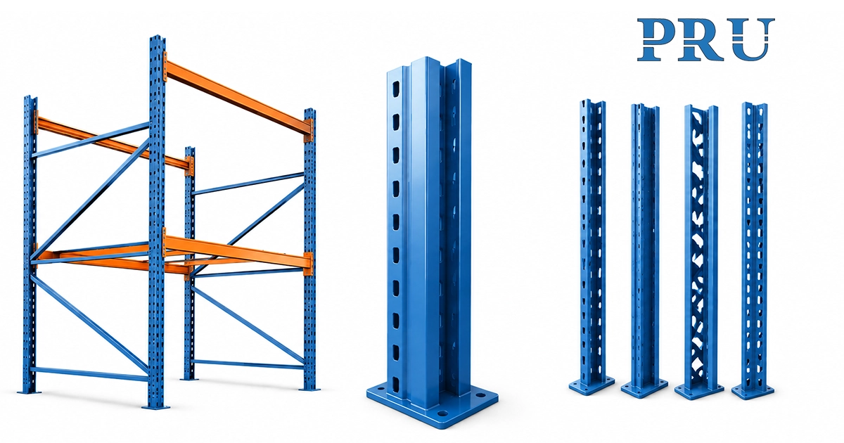 Selection of steel pallet rack upright columns showing different punch patterns and base plates alongside an assembled rack frame.