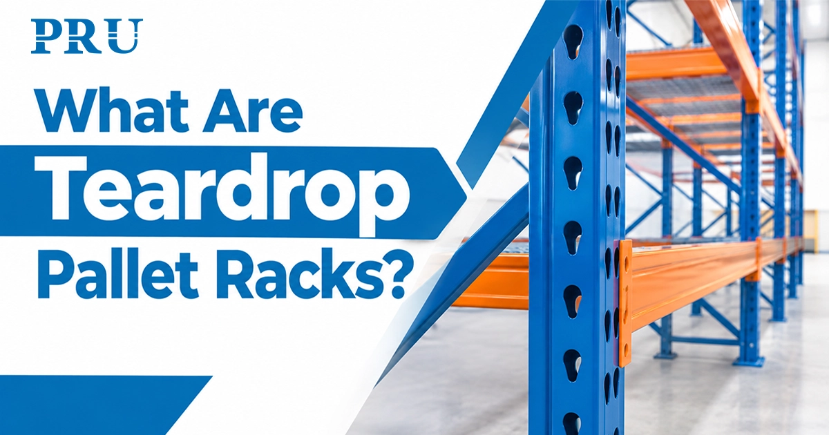 Blue and orange teardrop pallet racks in a warehouse with text reading What Are Teardrop Pallet Racks