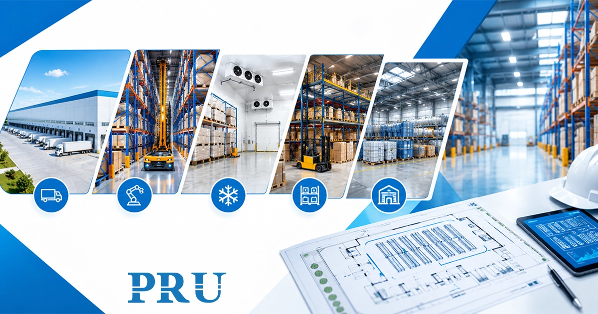 Overview of warehouse operations including logistics, high-bay automated racking, cold storage, forklift handling, and facility planning design.