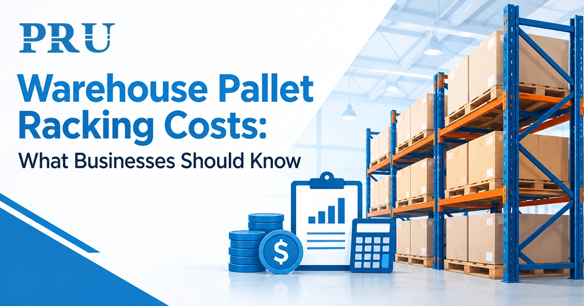 Warehouse pallet racking costs guide with stacked storage shelves, calculator, and money icons.